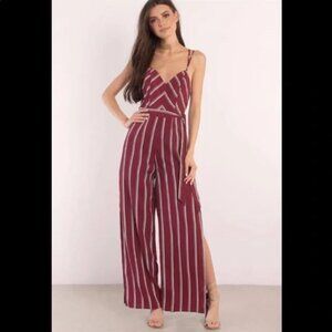 L'ATISTE Wide-Leg Jumpsuit Women's Size S Burgundy Stripe Side Slit Resortwear